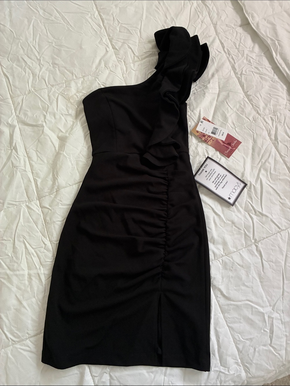 Emerald Sundae Black One-Shoulder Ruffle Sheath Dress